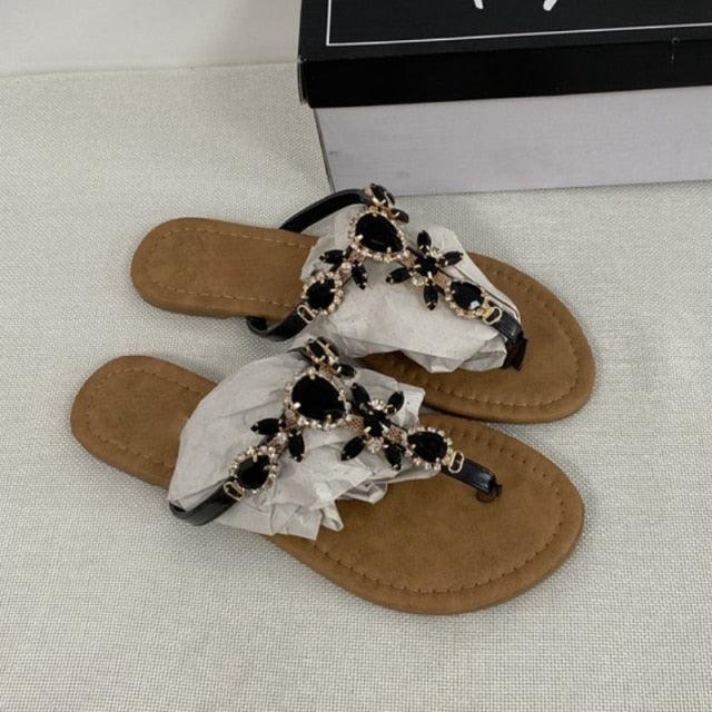 Trendy Summer Women's Shoes Beautiful Crystal Shiny Flat Sandals With Back Strap Footwear Rhinestones Flat Sandals Strappy Comfort Open Toe Flat Women Sandals - Che Cose Belle