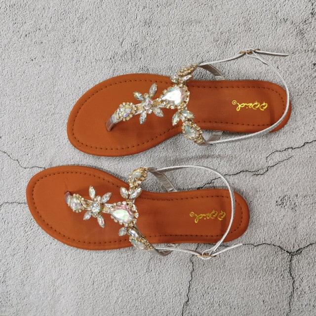 Trendy Summer Women's Shoes Beautiful Crystal Shiny Flat Sandals With Back Strap Footwear Rhinestones Flat Sandals Strappy Comfort Open Toe Flat Women Sandals - Che Cose Belle