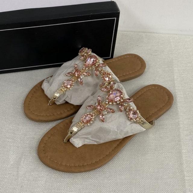 Trendy Summer Women's Shoes Beautiful Crystal Shiny Flat Sandals With Back Strap Footwear Rhinestones Flat Sandals Strappy Comfort Open Toe Flat Women Sandals - Che Cose Belle