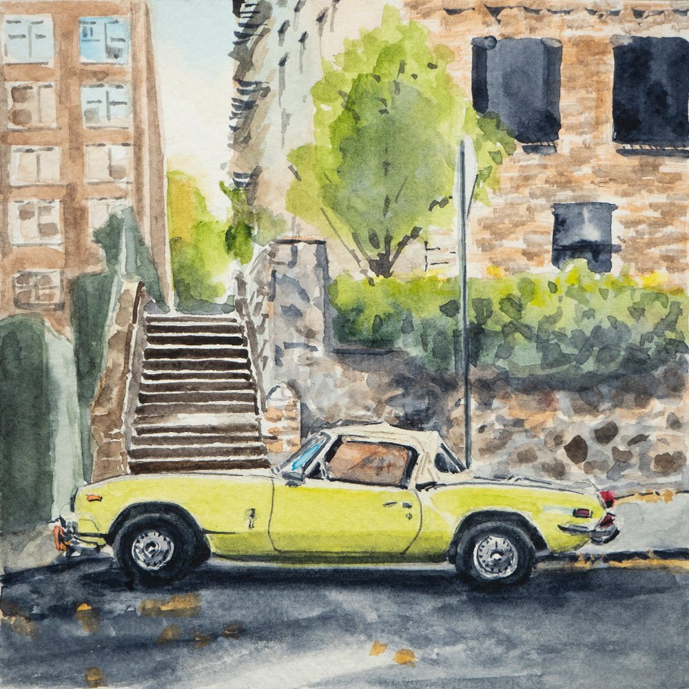 Triumph Spitfire on Cabrini, NYC, watercolor painting - Che Cose Belle