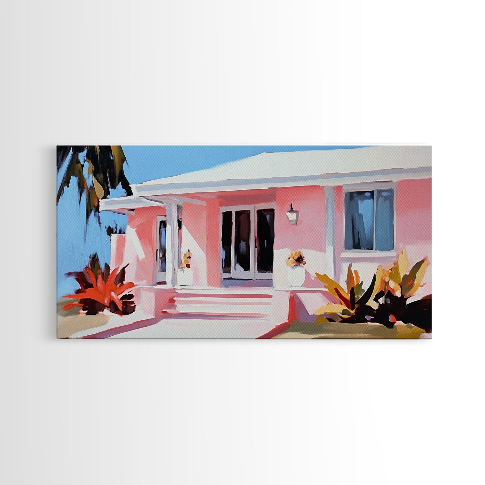 Tropical House, Coastal Home, Beach Cottage, Pastel Architecture, Minimalist Art, Vibrant Home Decor, Modern Aesthetic, Framed Canvas Print - Che Cose Belle
