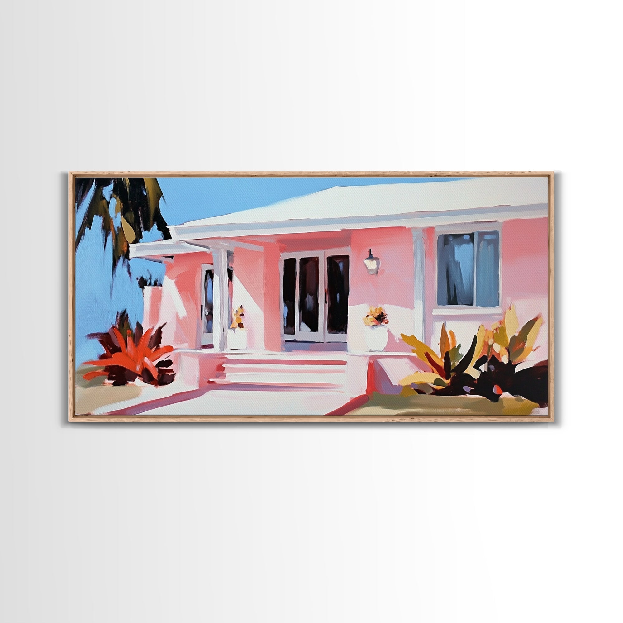 Tropical House, Coastal Home, Beach Cottage, Pastel Architecture, Minimalist Art, Vibrant Home Decor, Modern Aesthetic, Framed Canvas Print - Che Cose Belle