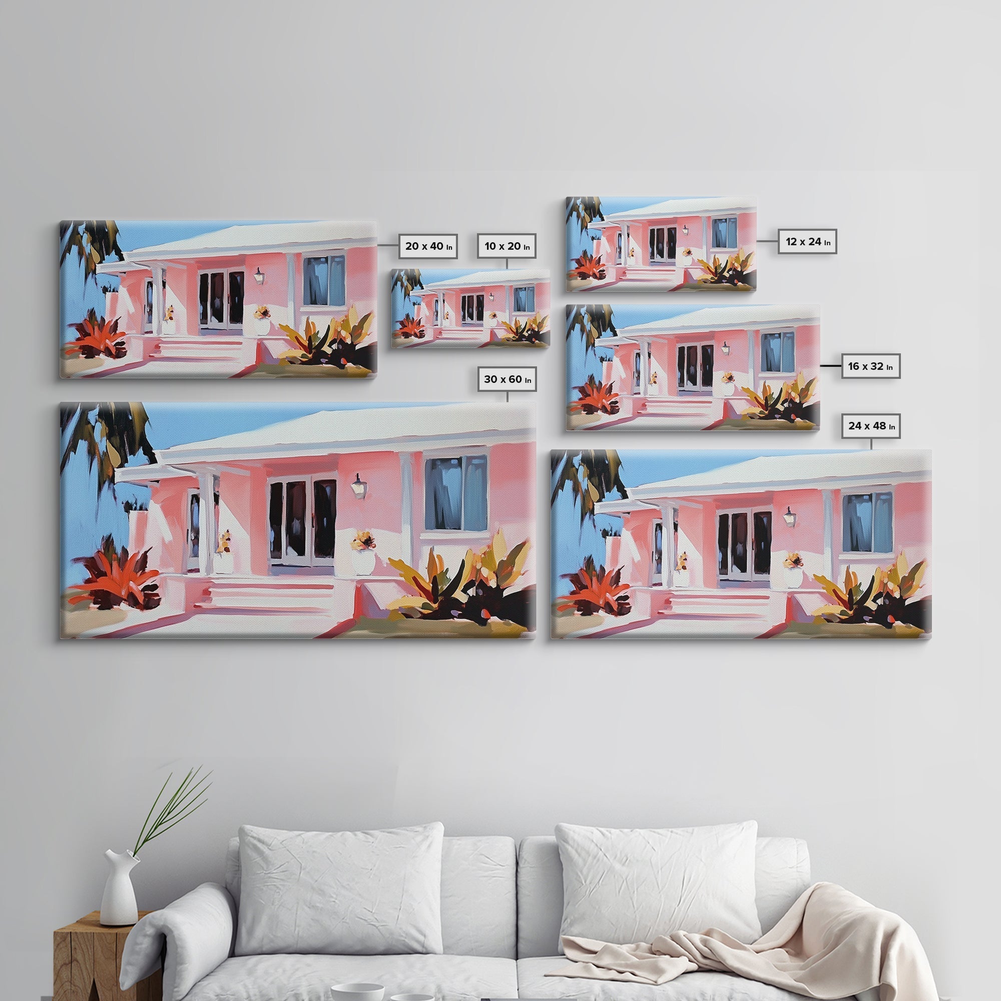 Tropical House, Coastal Home, Beach Cottage, Pastel Architecture, Minimalist Art, Vibrant Home Decor, Modern Aesthetic, Framed Canvas Print - Che Cose Belle