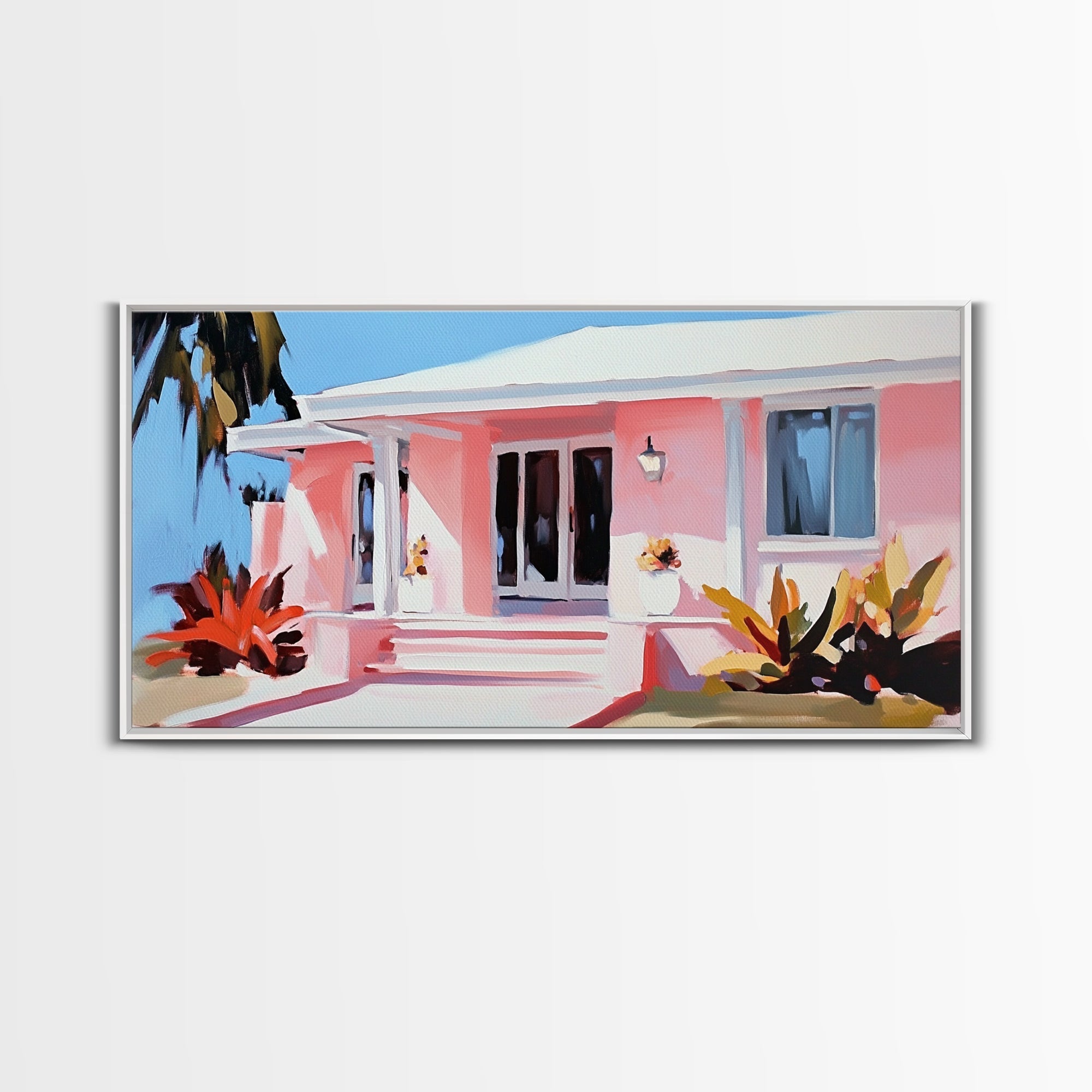 Tropical House, Coastal Home, Beach Cottage, Pastel Architecture, Minimalist Art, Vibrant Home Decor, Modern Aesthetic, Framed Canvas Print - Che Cose Belle