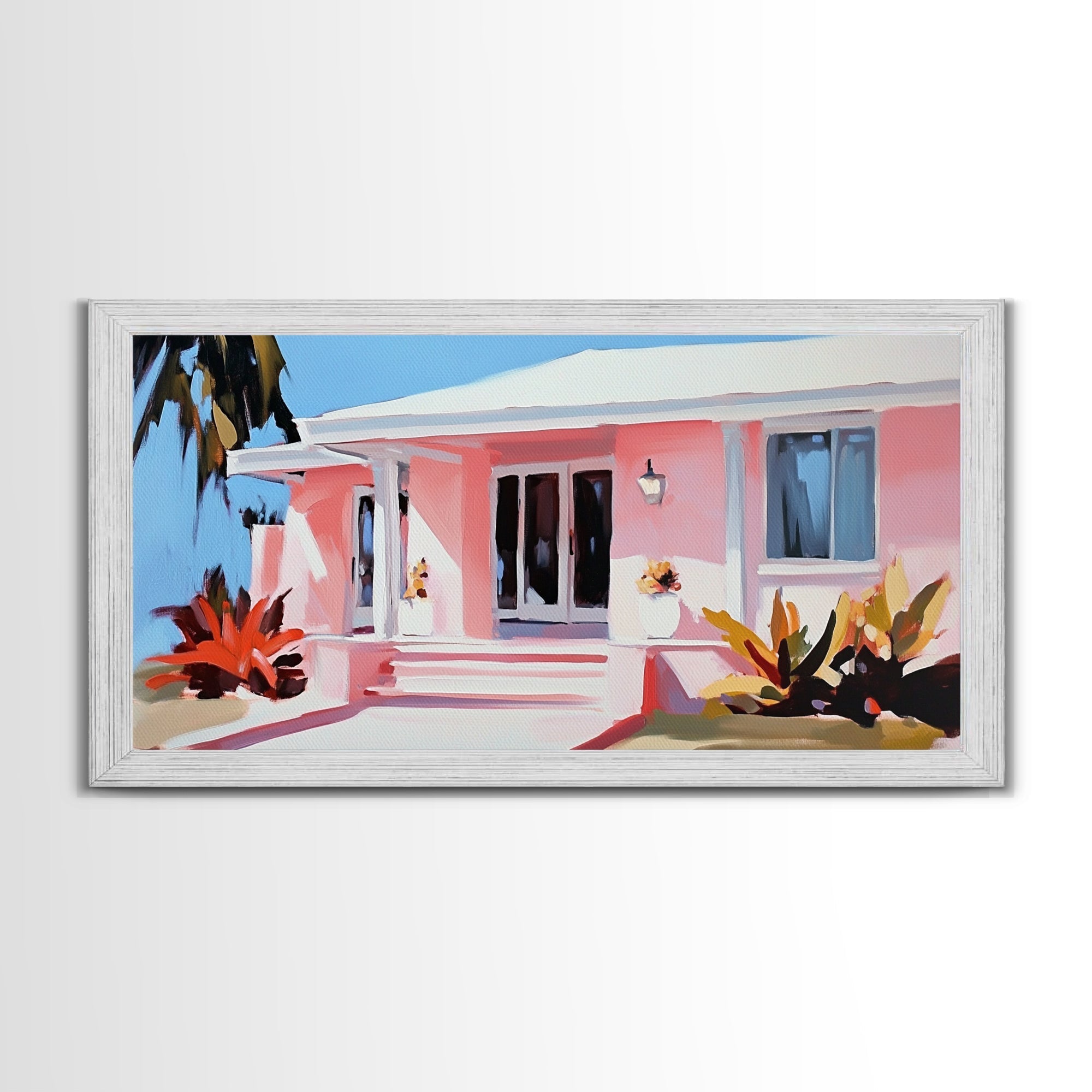 Tropical House, Coastal Home, Beach Cottage, Pastel Architecture, Minimalist Art, Vibrant Home Decor, Modern Aesthetic, Framed Canvas Print - Che Cose Belle