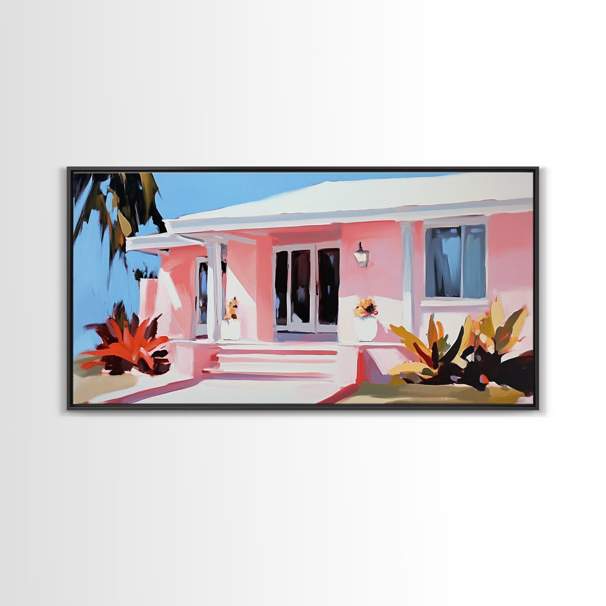 Tropical House, Coastal Home, Beach Cottage, Pastel Architecture, Minimalist Art, Vibrant Home Decor, Modern Aesthetic, Framed Canvas Print - Che Cose Belle