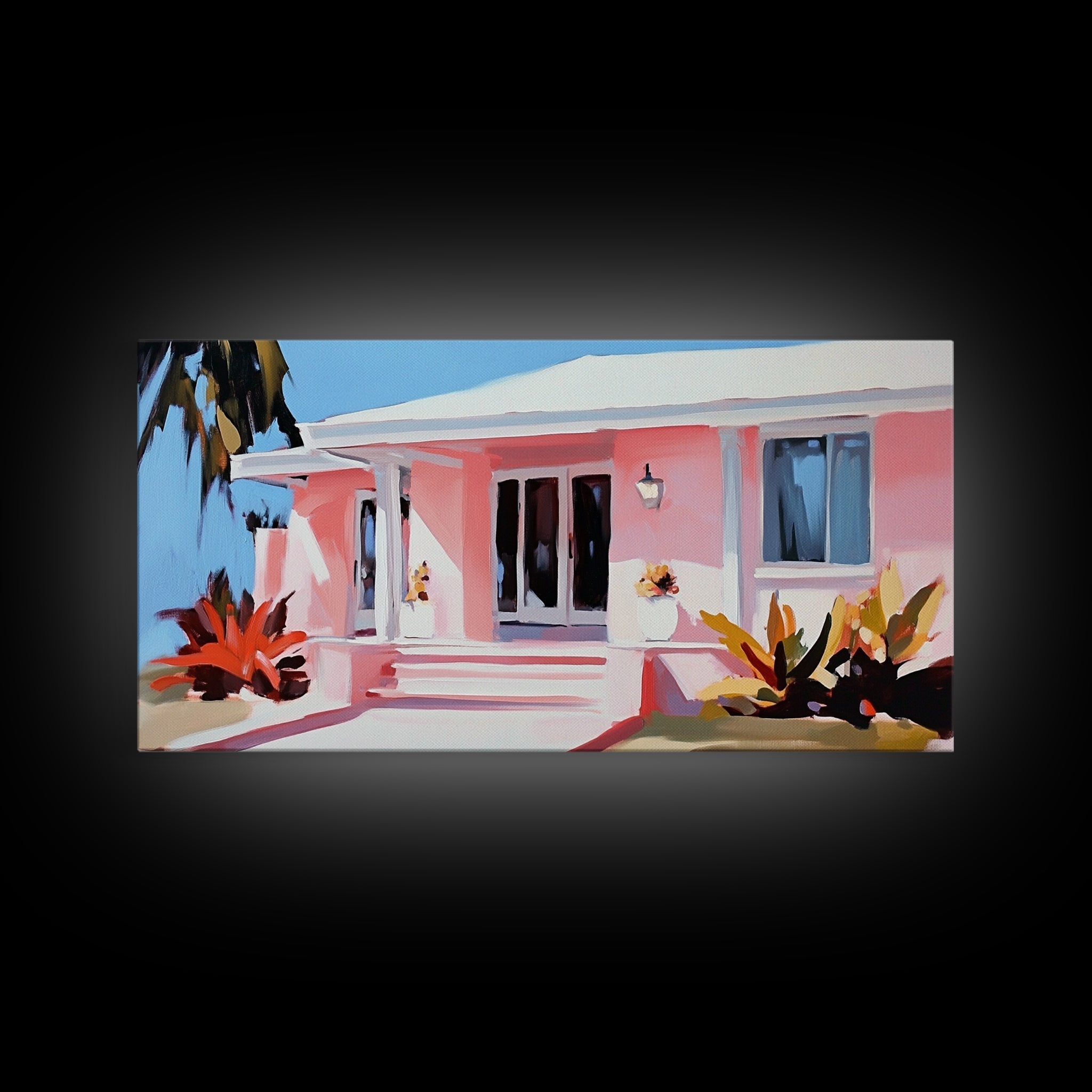 Tropical House, Coastal Home, Beach Cottage, Pastel Architecture, Minimalist Art, Vibrant Home Decor, Modern Aesthetic, Framed Canvas Print - Che Cose Belle
