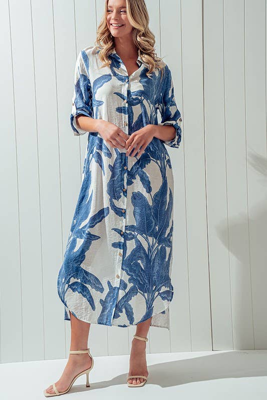 Tropical Palm Leaf Button - Down Midi Dress - Resort and Spring Collection - Che Cose Belle
