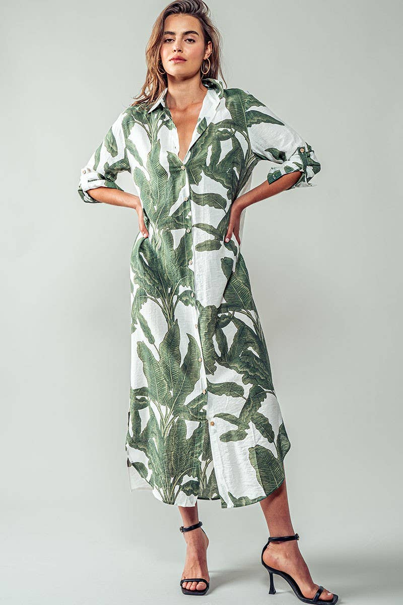 Tropical Palm Leaf Button - Down Midi Dress - Resort and Spring Collection - Che Cose Belle