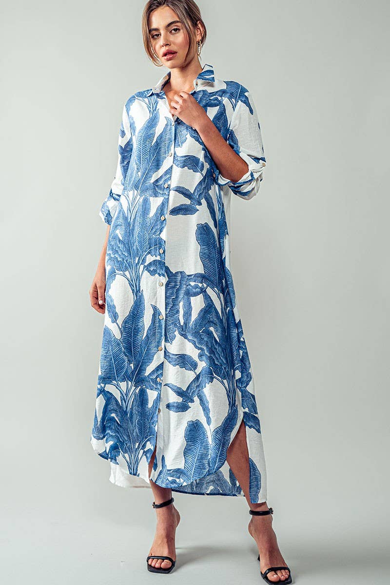 Tropical Palm Leaf Button - Down Midi Dress - Resort and Spring Collection - Che Cose Belle