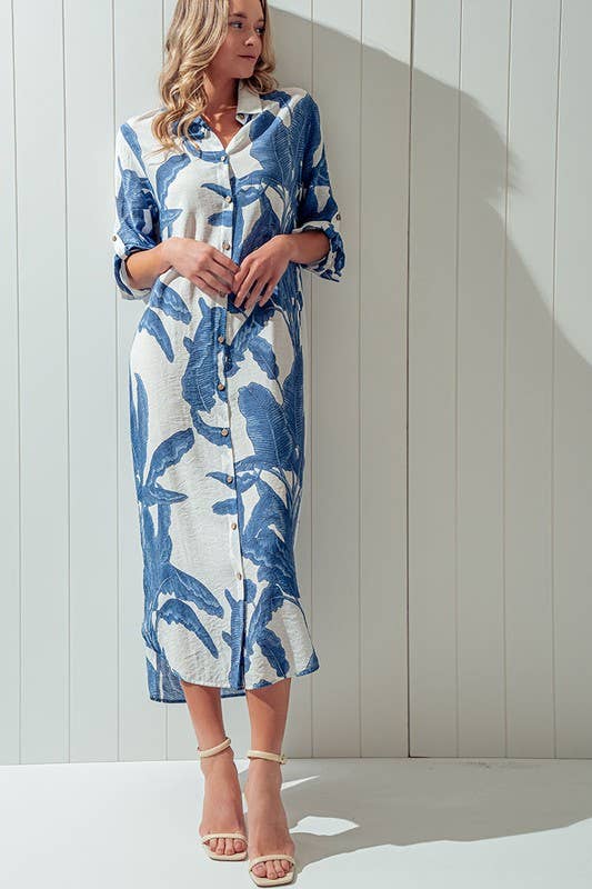 Tropical Palm Leaf Button - Down Midi Dress - Resort and Spring Collection - Che Cose Belle