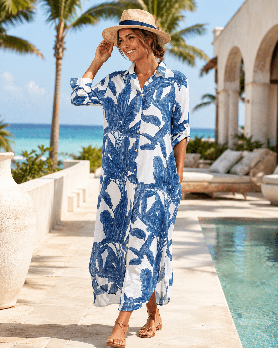 Tropical Palm Leaf Button-Down Midi Dress - Resort and Spring Collection - Che Cose Belle