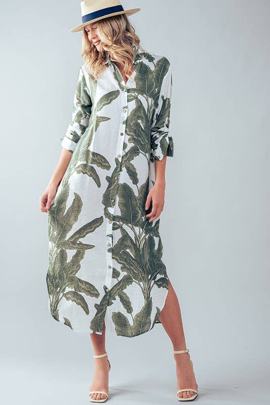 Tropical Palm Leaf Button - Down Midi Dress - Resort and Spring Collection - Che Cose Belle