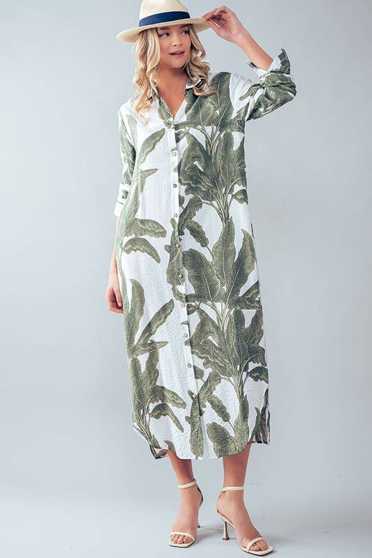 Tropical Palm Leaf Button - Down Midi Dress - Resort and Spring Collection - Che Cose Belle