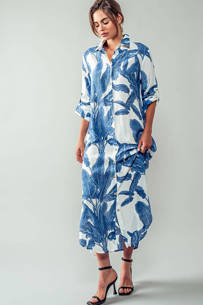 Tropical Palm Leaf Button - Down Midi Dress - Resort and Spring Collection - Che Cose Belle