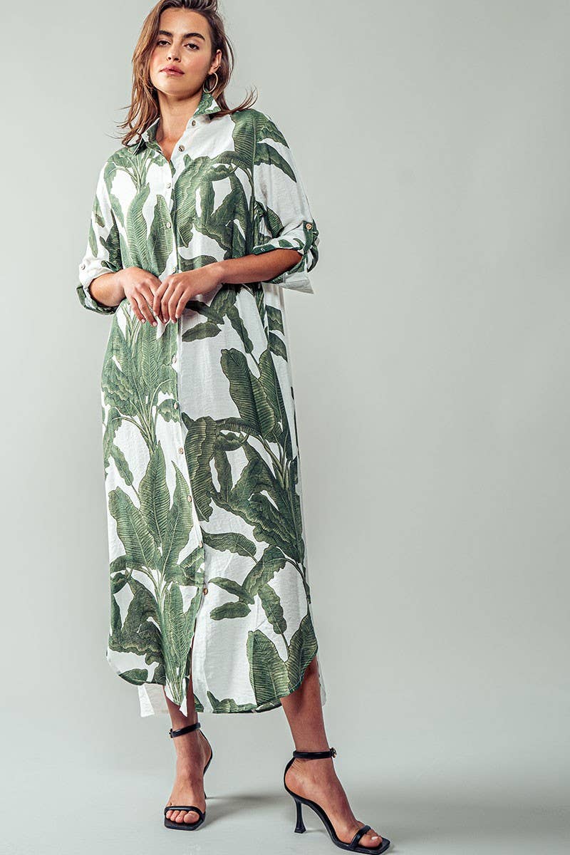 Tropical Palm Leaf Button - Down Midi Dress - Resort and Spring Collection - Che Cose Belle