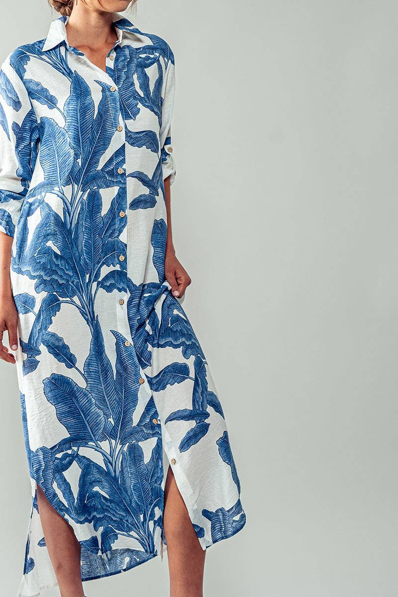 Tropical Palm Leaf Button - Down Midi Dress - Resort and Spring Collection - Che Cose Belle