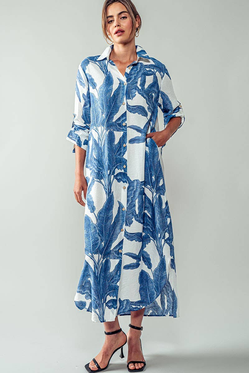 Tropical Palm Leaf Button - Down Midi Dress - Resort and Spring Collection - Che Cose Belle
