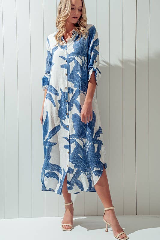 Tropical Palm Leaf Button - Down Midi Dress - Resort and Spring Collection - Che Cose Belle