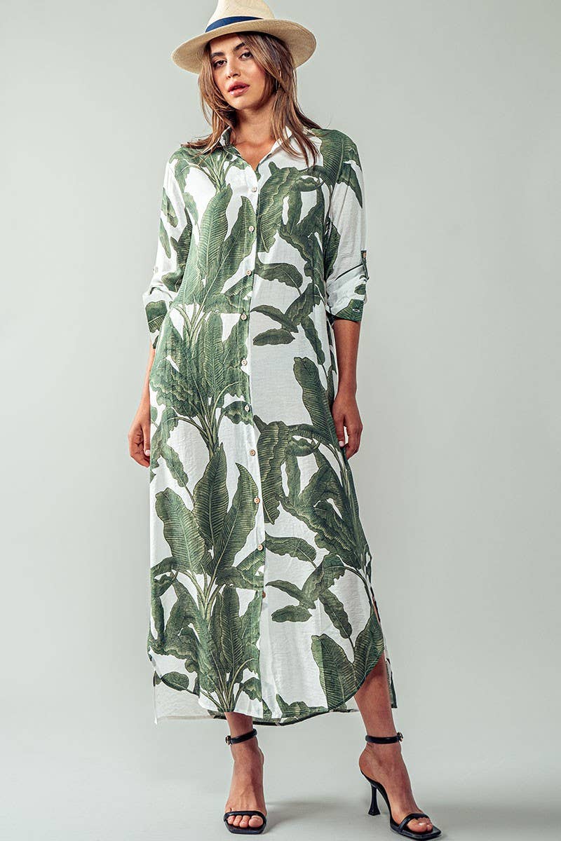 Tropical Palm Leaf Button - Down Midi Dress - Resort and Spring Collection - Che Cose Belle