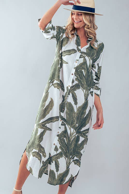 Tropical Palm Leaf Button - Down Midi Dress - Resort and Spring Collection - Che Cose Belle