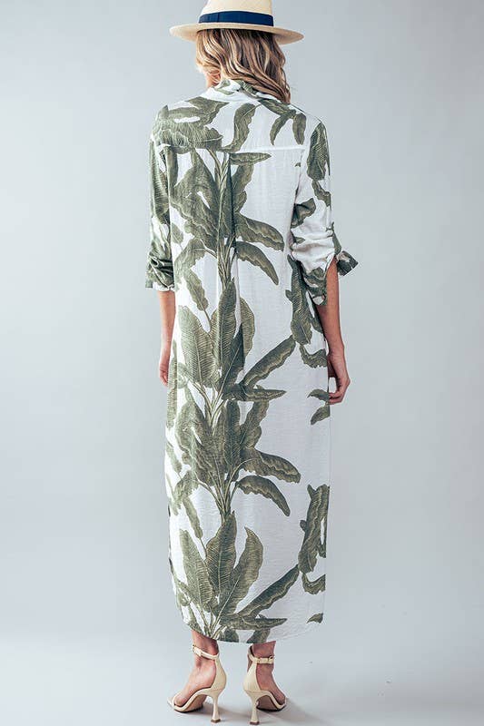 Tropical Palm Leaf Button - Down Midi Dress - Resort and Spring Collection - Che Cose Belle