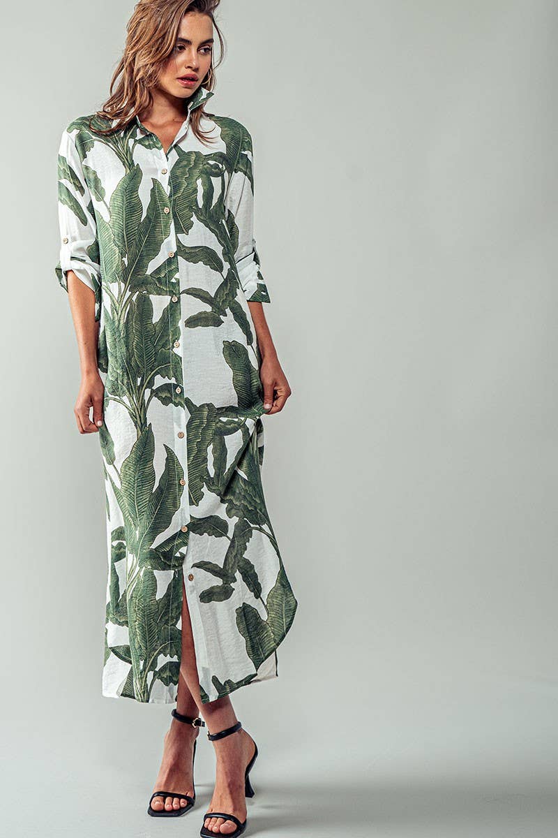 Tropical Palm Leaf Button - Down Midi Dress - Resort and Spring Collection - Che Cose Belle