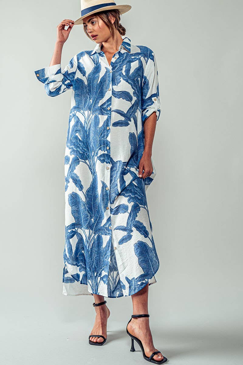 Tropical Palm Leaf Button - Down Midi Dress - Resort and Spring Collection - Che Cose Belle
