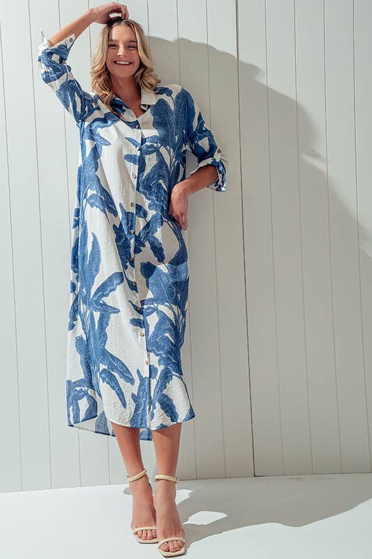 Tropical Palm Leaf Button - Down Midi Dress - Resort and Spring Collection - Che Cose Belle