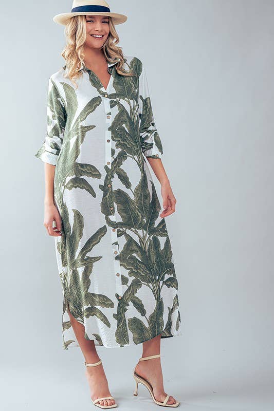 Tropical Palm Leaf Button - Down Midi Dress - Resort and Spring Collection - Che Cose Belle