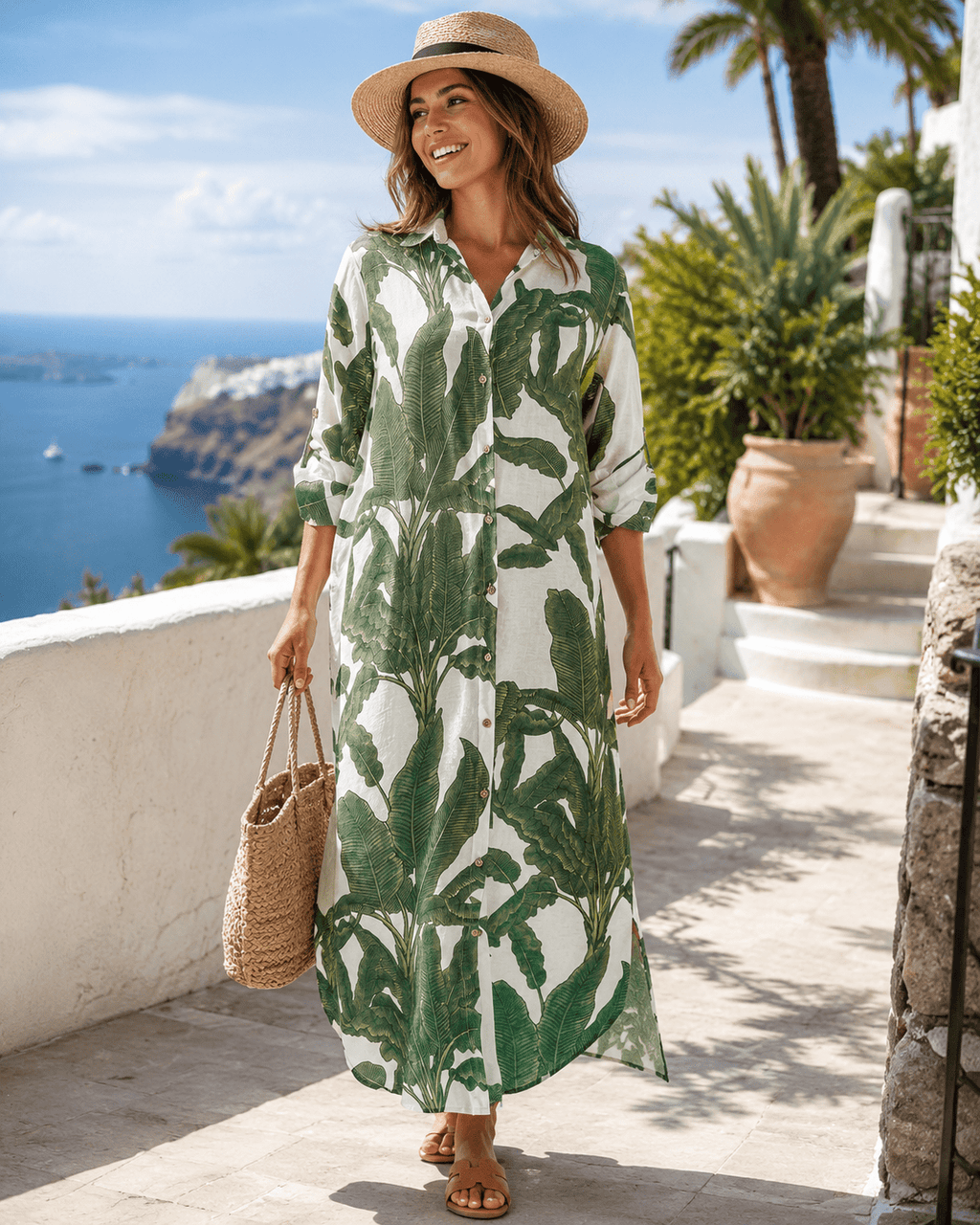 Tropical Palm Leaf Button-Down Midi Dress - Resort and Spring Collection - Che Cose Belle