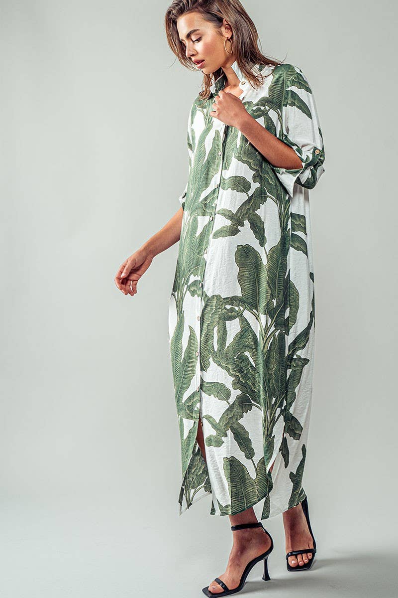 Tropical Palm Leaf Button - Down Midi Dress - Resort and Spring Collection - Che Cose Belle