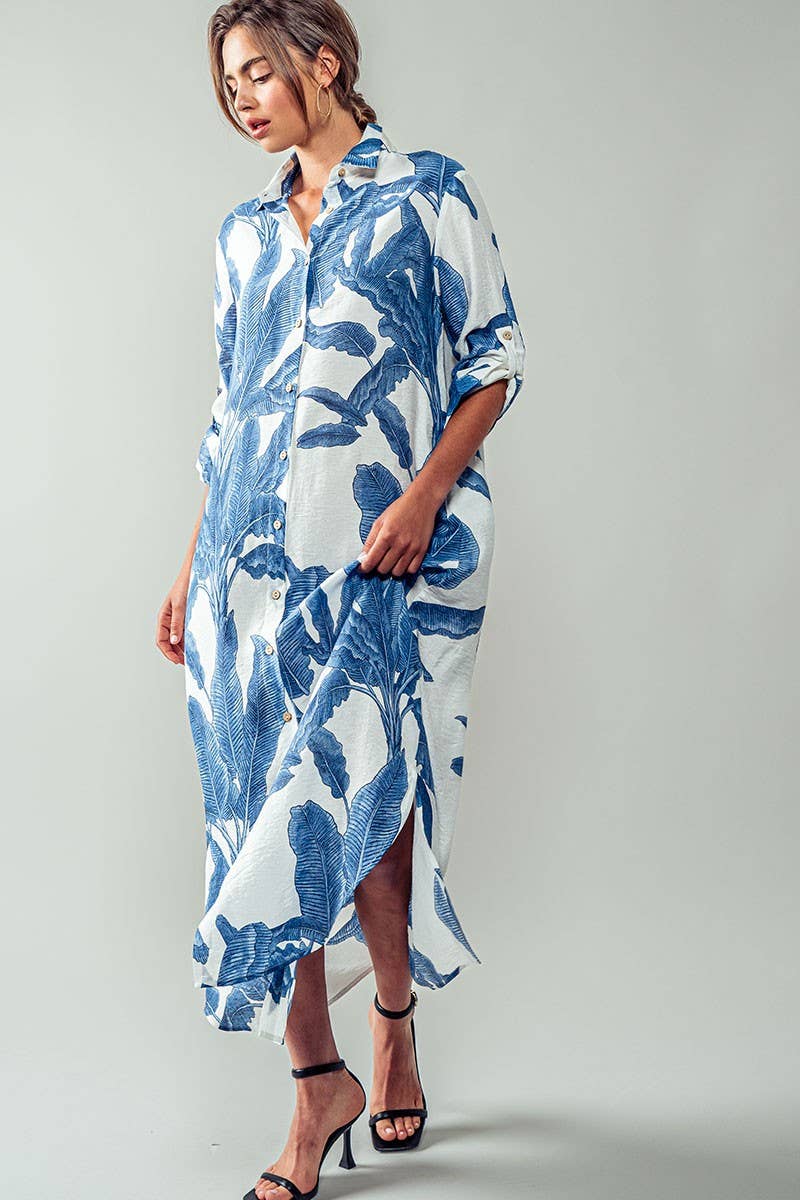 Tropical Palm Leaf Button - Down Midi Dress - Resort and Spring Collection - Che Cose Belle