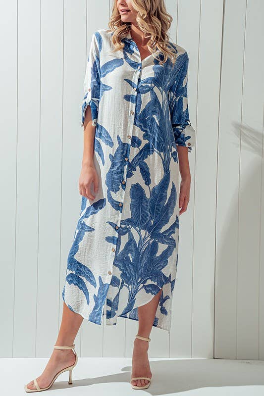 Tropical Palm Leaf Button - Down Midi Dress - Resort and Spring Collection - Che Cose Belle