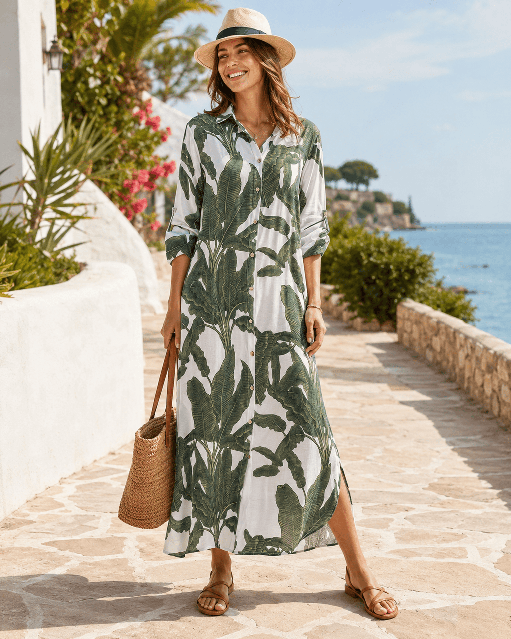 Tropical Palm Leaf Button-Down Midi Dress - Resort and Spring Collection - Che Cose Belle