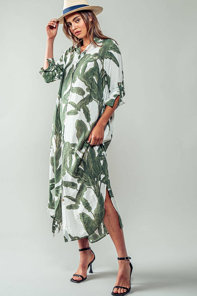 Tropical Palm Leaf Button - Down Midi Dress - Resort and Spring Collection - Che Cose Belle