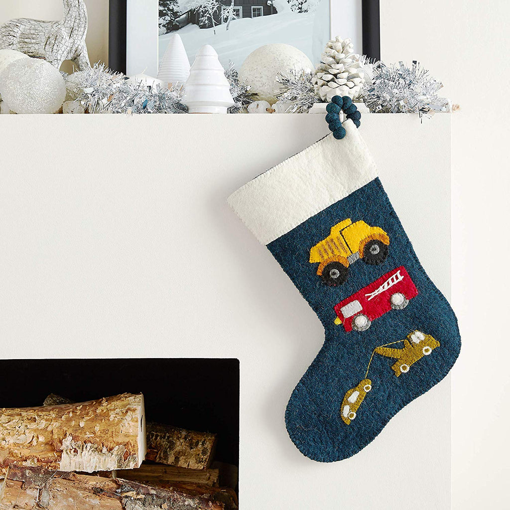 Trucks Navy Christmas Stocking Hand Felted Wool Arcadia Home - Che Cose Belle