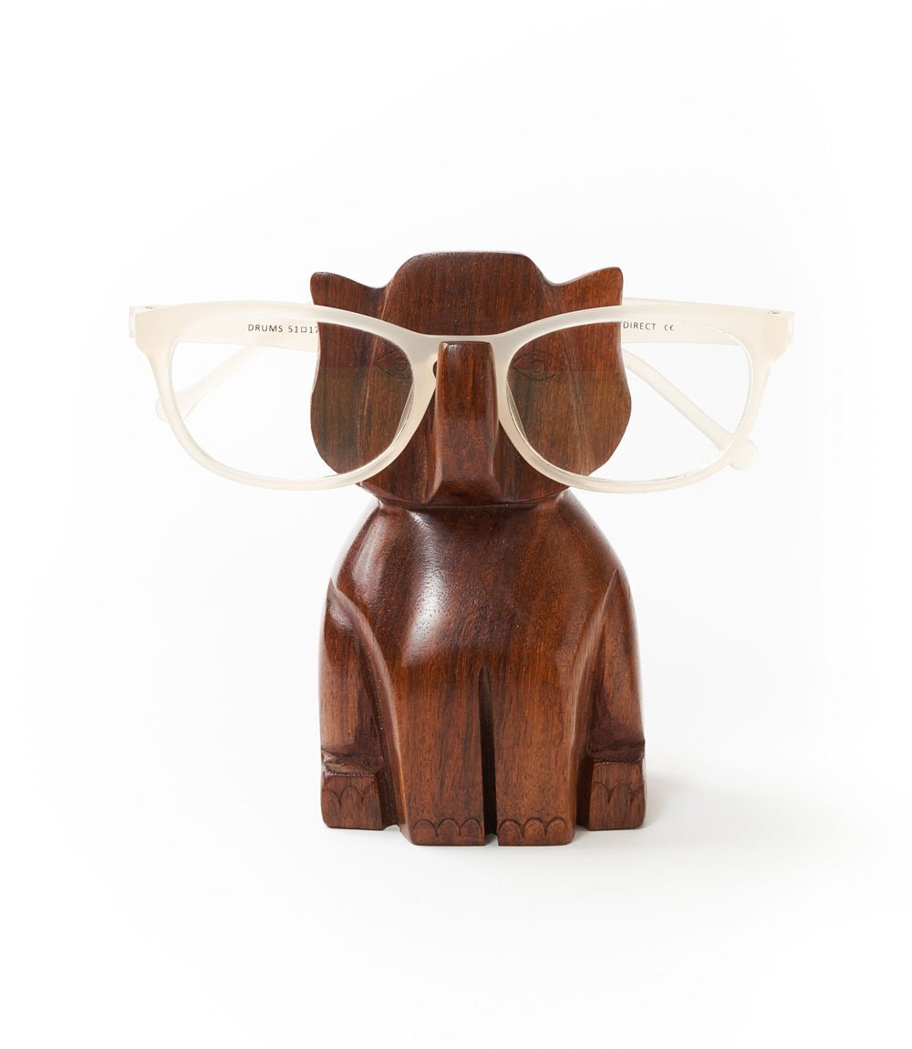 Trunk Up Elephant Eyeglass Holder Stand - Hand Carved Wood - Che Cose Belle