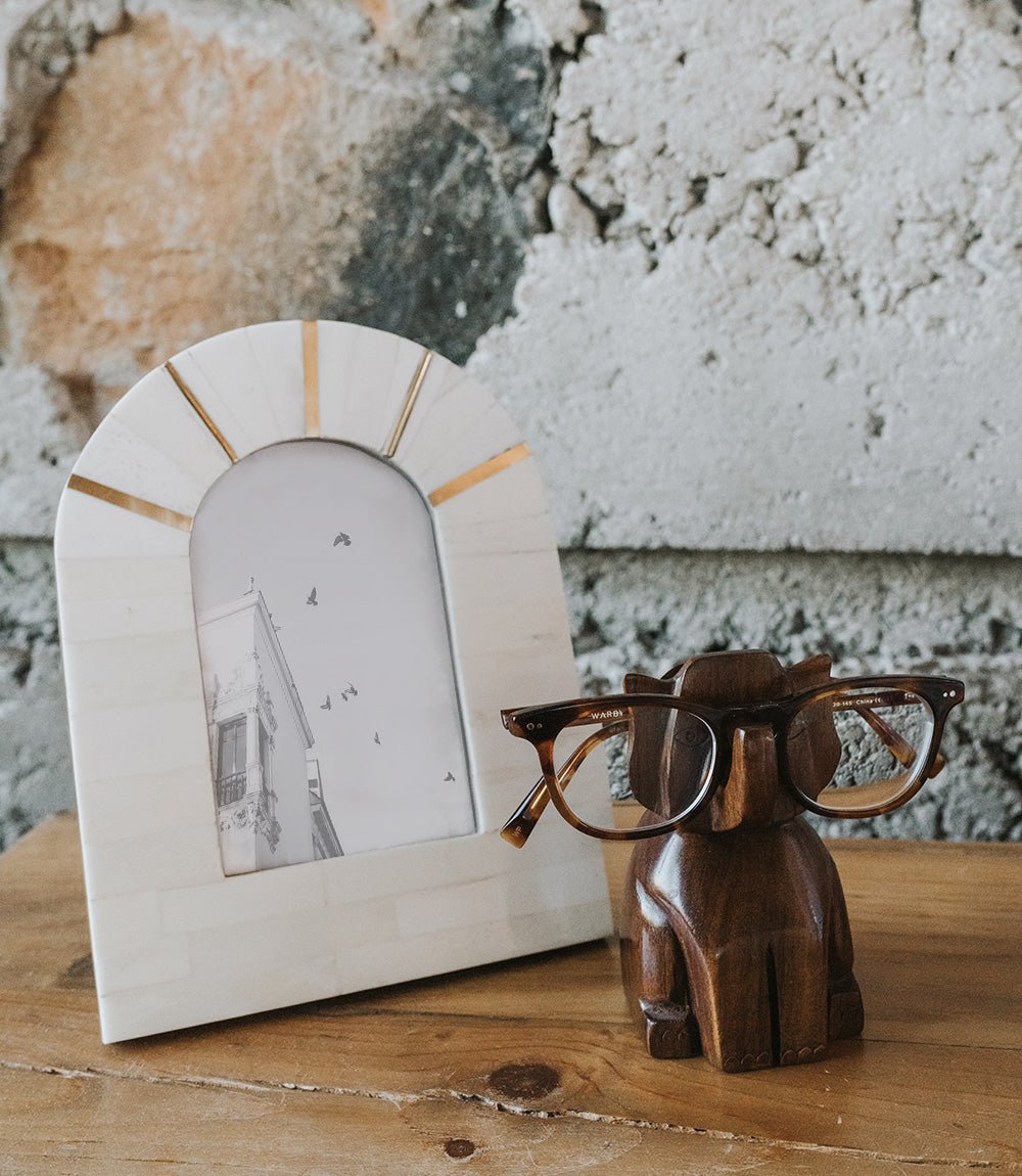 Trunk Up Elephant Eyeglass Holder Stand - Hand Carved Wood - Che Cose Belle