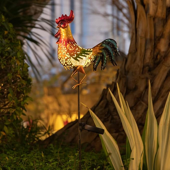 Tryme Rooster Solar Lights Outdoor Decorative Garden Statue Gifts for Chicken Lovers Women Mother Metal Yard Art for Lawn - Che Cose Belle