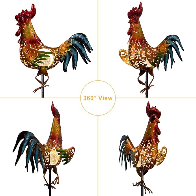 Tryme Rooster Solar Lights Outdoor Decorative Garden Statue Gifts for Chicken Lovers Women Mother Metal Yard Art for Lawn - Che Cose Belle