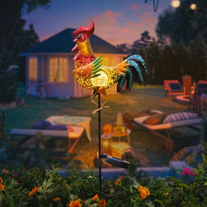 Tryme Rooster Solar Lights Outdoor Decorative Garden Statue Gifts for Chicken Lovers Women Mother Metal Yard Art for Lawn - Che Cose Belle