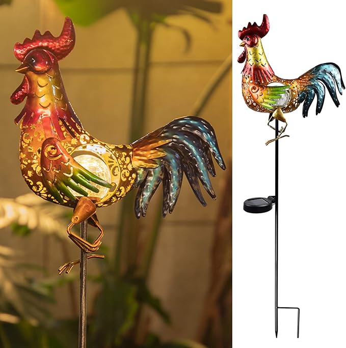 Tryme Rooster Solar Lights Outdoor Decorative Garden Statue Gifts for Chicken Lovers Women Mother Metal Yard Art for Lawn - Che Cose Belle