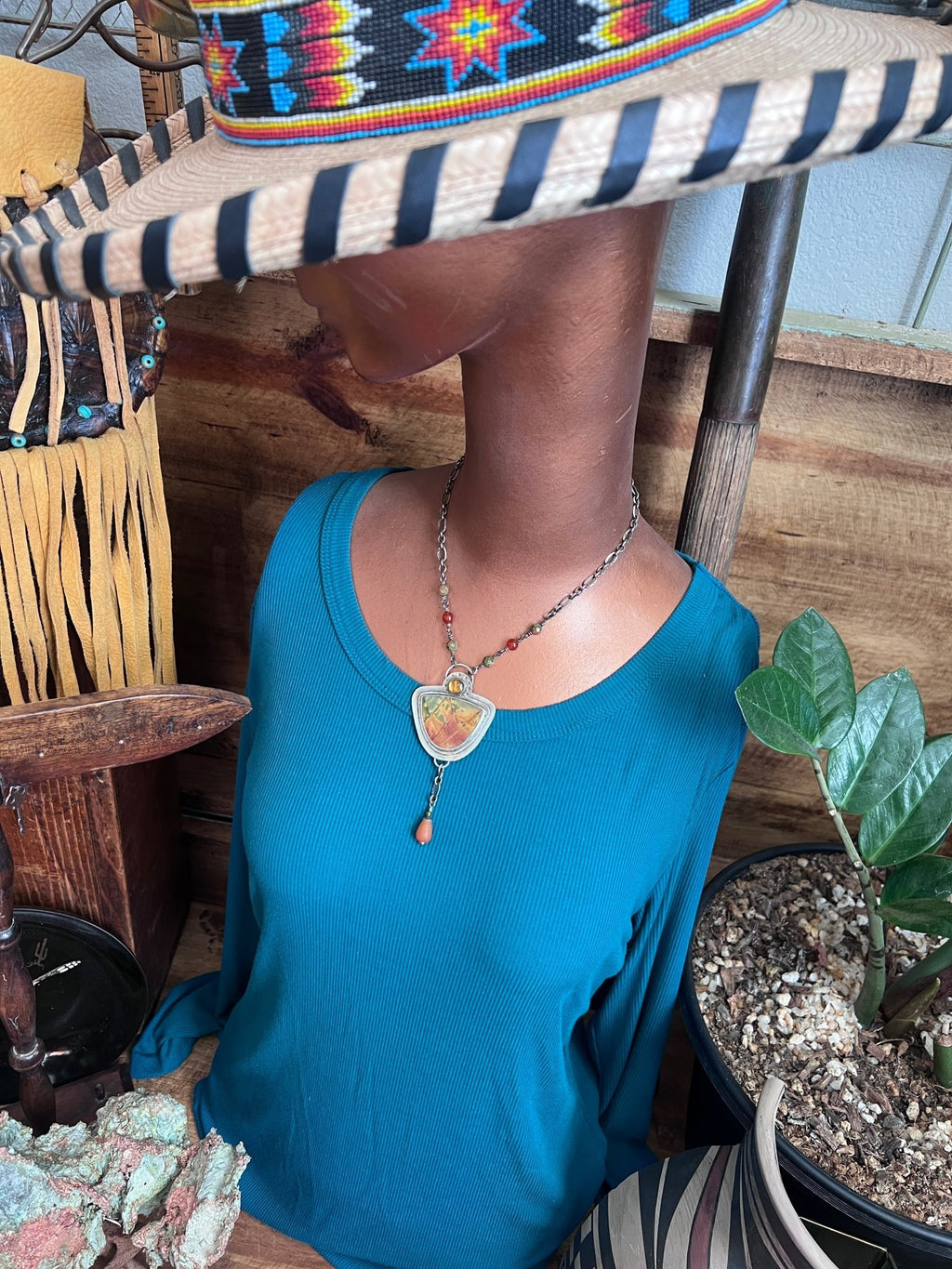 Tularosa Rosary Style Sterling Silver, Red Creek Jasper and Citrine Sunset Necklace - Che Cose Belle