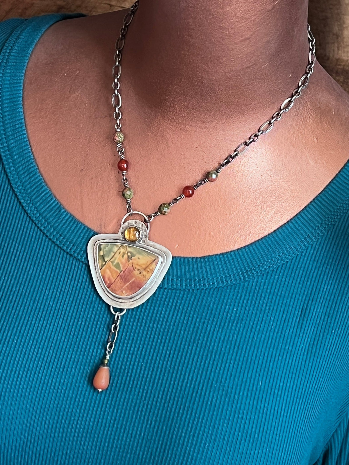 Tularosa Rosary Style Sterling Silver, Red Creek Jasper and Citrine Sunset Necklace - Che Cose Belle