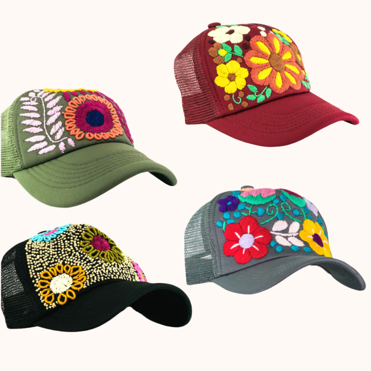 Tulum Hand Embroidered Trucker Flower Hat - Mexico - Che Cose Belle