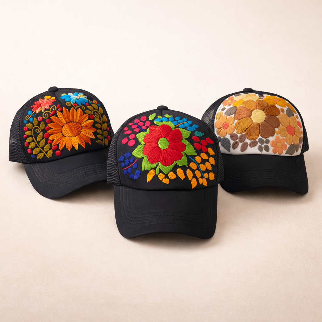 Tulum Hand Embroidered Trucker Flower Hat - Mexico - Che Cose Belle