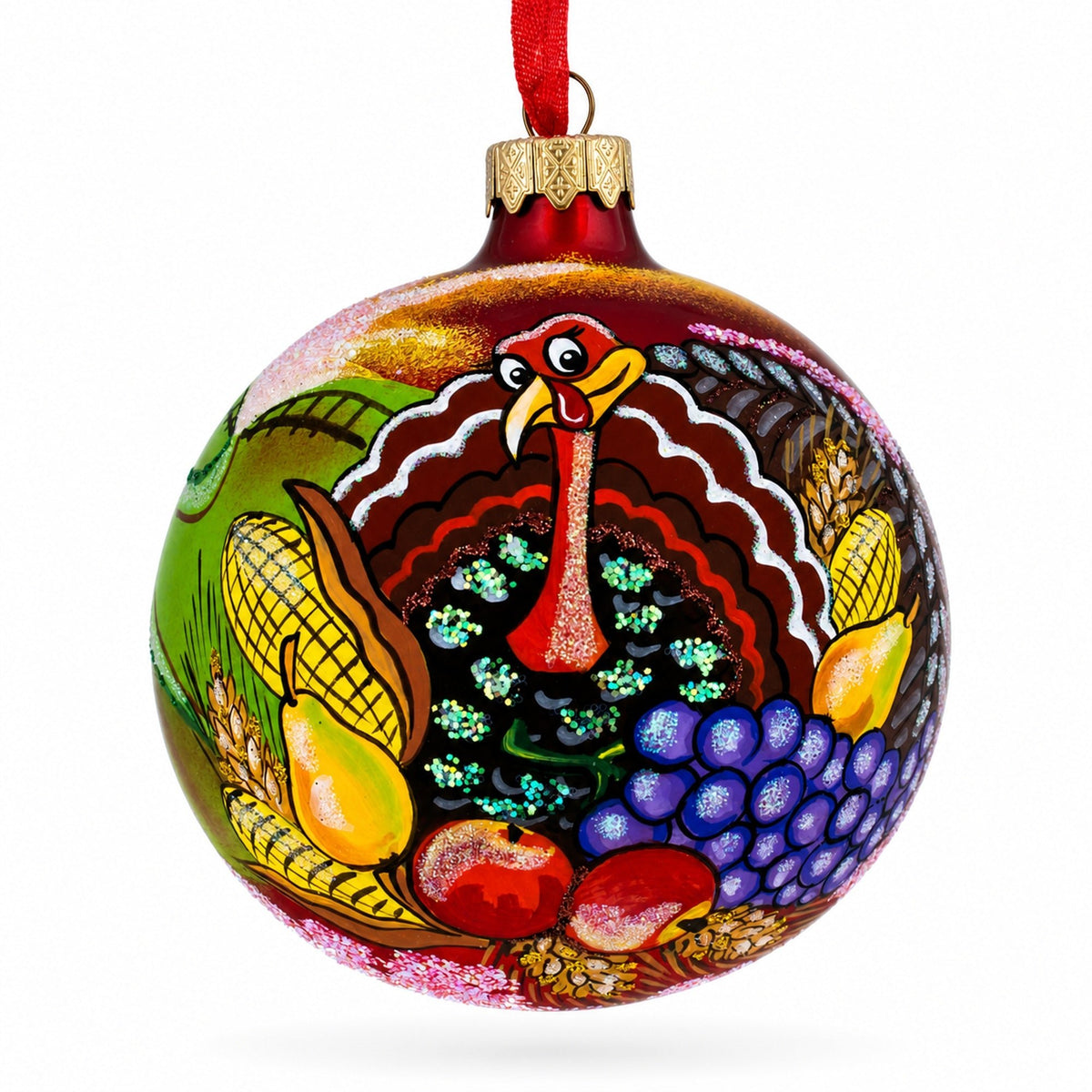 Turkey on the Field Thanksgiving Glass Ball Christmas Ornaments 4 Inches - Che Cose Belle