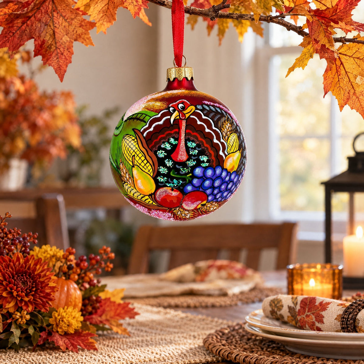 Turkey on the Field Thanksgiving Glass Ball Christmas Ornaments 4 Inches - Che Cose Belle