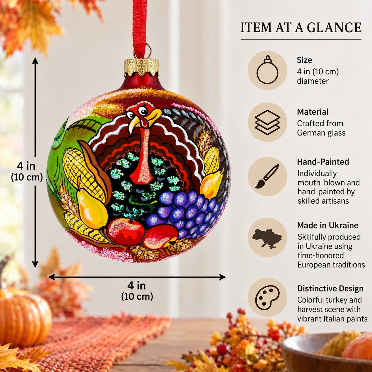 Turkey on the Field Thanksgiving Glass Ball Christmas Ornaments 4 Inches - Che Cose Belle